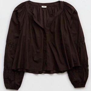 Aerie Brown Button-Up Blouse sheer size M